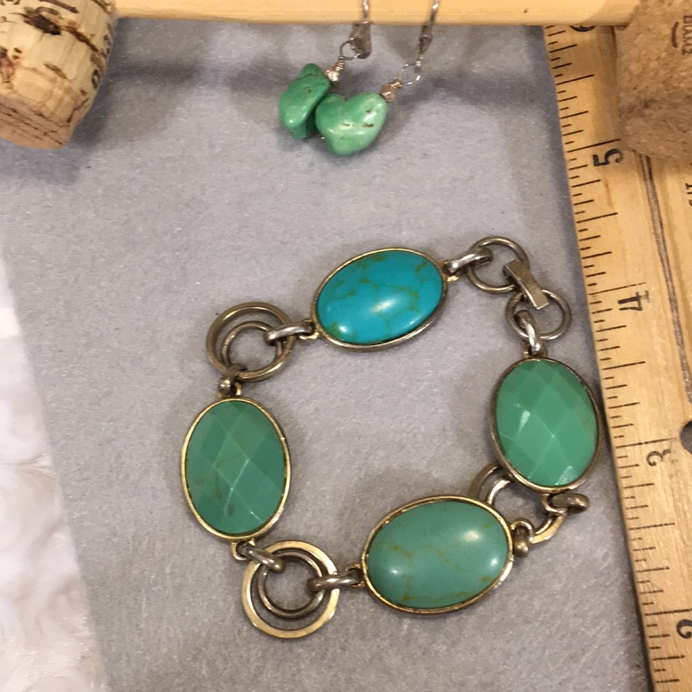 Cut stones link bracelet color aqua greens  bracelet w dangle matching earrings - Picture 9 of 13
